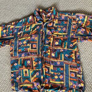 Vintage 80s Shirt Mens M Kapito Collar Geometric Print Short Sleeve Button Up